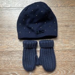Jacadi Baby Navy Beanie with velvet bow + gold dots & Zara mittens | size 6-12m